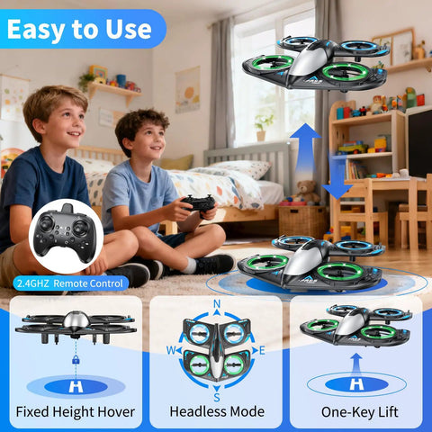 Two kids playing with Beginner Friendly Foam RC Drone For Kids With LED Lights 360 Degree Flip Altitude Hold 3 Speed Modes