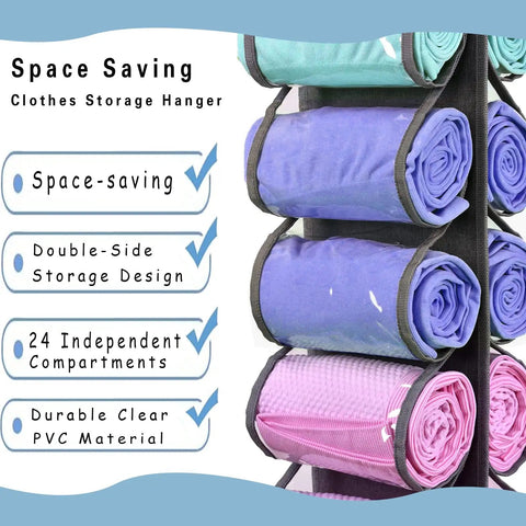 2 Pack Leggings And Shirt Organizer With 24 Compartments, Space Saving Hanging Closet Organizer, rolled shirts in PVC material