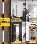 Built Tough Heavy Duty Ball Bearing Door Hinges 4X4 Inches in various home and commercial settings, including garage and office.