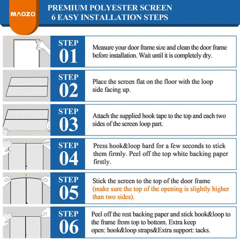Installation steps for Hands-Free Magnetic Door Screen For 36x80 Inch Doors Tear-Resistant High-Density Fiber Mesh with Auto-Closure