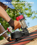 Professional Roofing Nail Gun With 15 Degree Mag For Fast Driving Of Full Head Coil Nails From 7 8 Inch To 1 3 4 Inches While Holding 120 Fasteners For Heavy Duty Feed Made For Smooth Shooting And Easy Handling Ready To Roll Without Breaking A Sweat in use on roofing material.