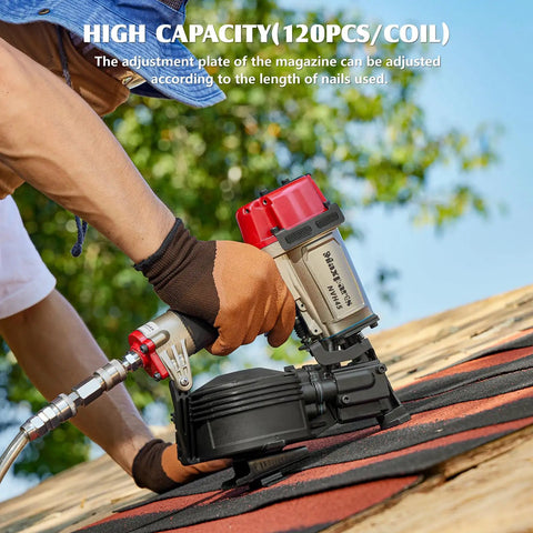 Professional Roofing Nail Gun With 15 Degree Mag For Fast Driving Of Full Head Coil Nails From 7 8 Inch To 1 3 4 Inches While Holding 120 Fasteners For Heavy Duty Feed Made For Smooth Shooting And Easy Handling Ready To Roll Without Breaking A Sweat in use on roofing material.