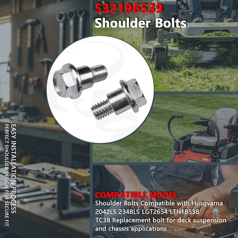 Premium Replacement Shoulder Bolts Compatible With Husqvarna 2042LS 2348LS 532196539 heavy duty 1.15 inch steel bolts for mower suspension.