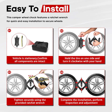 Instructional guide for installing Camper Wheel Chock Stabilizer 2 Pack For RVs And Travel Trailers With Heavy Duty X Design Anti Move Tire Chocks