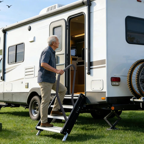 Heavy Duty Rv Handrail Replacement For Lippert Solid Step Generation 3 Or 4 triple and quad, in use by a man entering a camper.