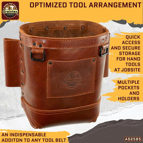 Nut And Bolt Bag From Ambassador Series Chestnut Brown Top Grain Leather Tool Bag And Belt For Ironworkers Built Tough Pro Grade Durable Organizer For Professional Use AS2585, front view