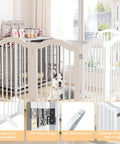 Rock Solid Freestanding Pet Gate With Quick Rollout Four Panel Dog Safety Fence Heavy Duty Crafted Barriers In White with a dog behind the gate.
