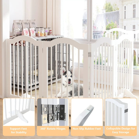 Rock Solid Freestanding Pet Gate With Quick Rollout Four Panel Dog Safety Fence Heavy Duty Crafted Barriers In White with a dog behind the gate.