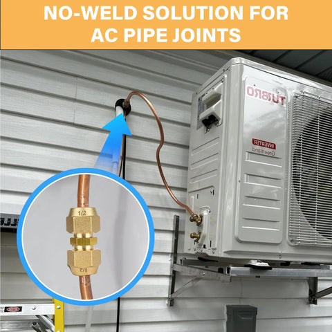 Two Pack Copper Pipe Extension Joints For HVAC AC One Quarter Inch And Three Eighths Inch Coupling Adapters with Flare Nuts installed