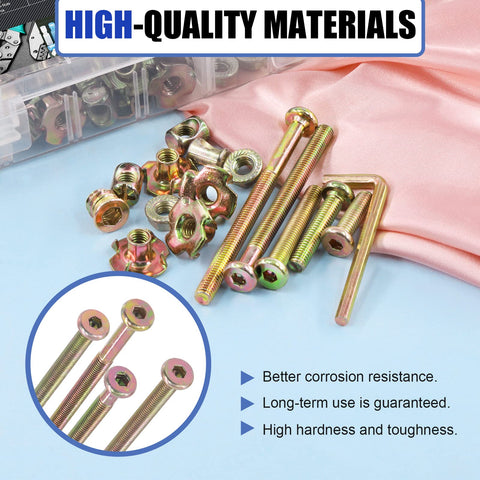128Pcs M6 Wood Hardware Kit with hex socket cap bolts, barrel nuts, and Allen wrench on pink fabric, includes quality materials.