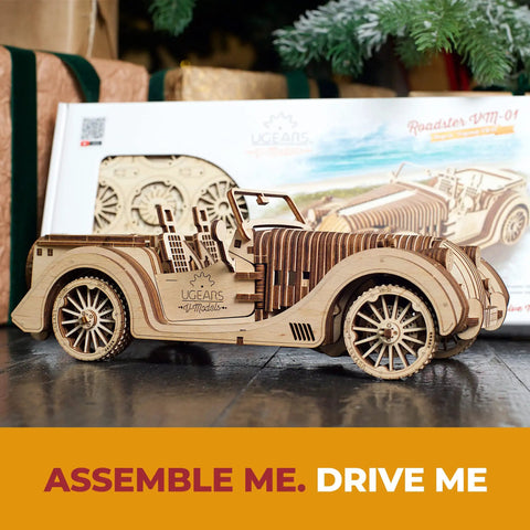 Roadster VM-01 3D Wooden Puzzle Kit For Gearheads Realistic Moving Parts Handcrafted Mechanical Model Car, assembled wooden roadster with box