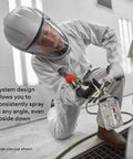 Pro Grade PPS Two Point Zero Paint Spray Cup System Disposable Refill Kit With Lids And Liners For Easy Measuring Filtering Mixing And Spraying Of Paint Materials All In One And Ready To Roll. Painter using 3M PPS cup upside down in spray booth