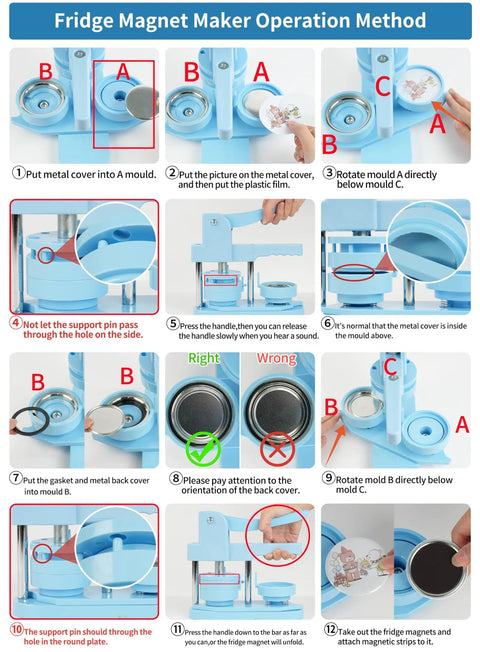 2 In 1 Button And Magnet Maker Machine Kit 58mm DIY Badge And Fridge Magnet Creator Bundle With 50 Badge Parts And 50 Magnet Making Supplies For Easy Custom Badges At Home. Blue 58mm metal badge and magnet press operation steps