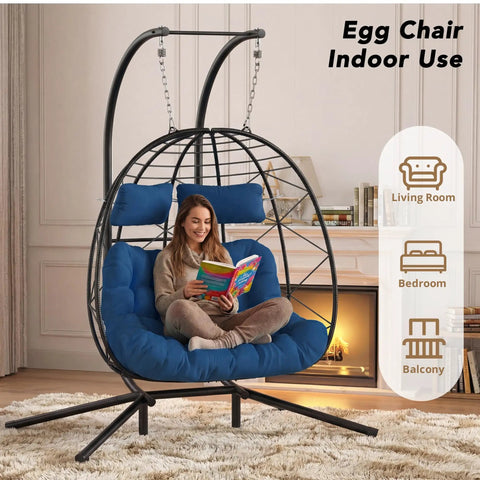 Two Seater Wicker Hanging Egg Chair With Stand 700 Lb Capacity Indoor Outdoor Double Swing Hammock Dark Blue in living room