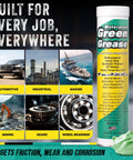 Front view of 14 oz Green Grease tube, Waterproof Green Grease, NLGI #2, with automotive, industrial, and marine imagery.