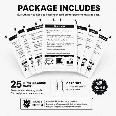 Premium Card Printer Cleaning Kit Features 25 Long And Short Thermal Sleeves with cleaning instructions and dimensions.
