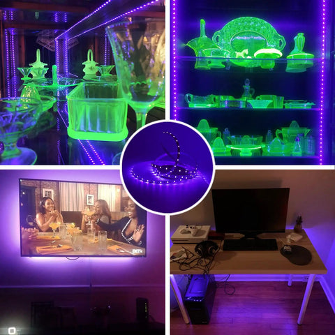 Lit 6.6Ft Black Light Strip With 120 UV LEDs 395-400nm USB illuminating decor and gaming setup with glowing art pieces