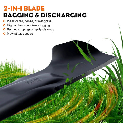 2 Pack High Lift Mower Blades For 46 Inch Decks, 6 Point Star Design, OEM Replacement For Cub Cadet Troy-Bilt Lawn Tractors XT1 XT2 Enduro LT46 LX46 Series, Fits 942-04244A 942-04290 And Related Models, showing close-up view of blade in grass for bagging and discharging.