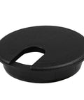 Close-up of a black round cable grommet, two-piece ABS plastic, 3 inch 76mm diameter, for desk cord management