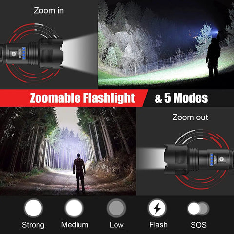 Rechargeable 8000 Lumen LED Flashlight With Zoomable Beam IPX4 Water Resistant Handheld Tactical Light shown in various modes