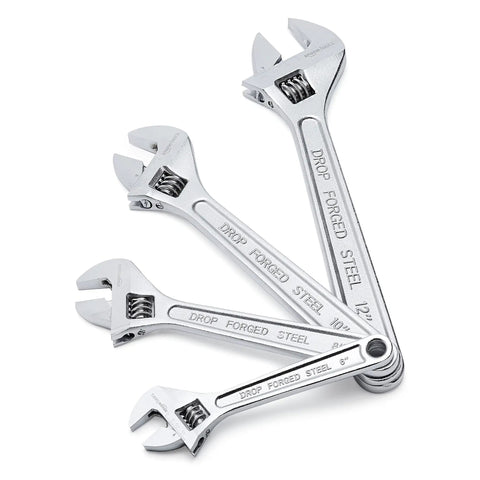 4 Piece Chrome Plated Adjustable Wrench Set With Inch And Metric Scale for Auto Repair, Plumbing, and General Maintenance includes 6, 8, 10, 12 Inch Wrenches displayed.