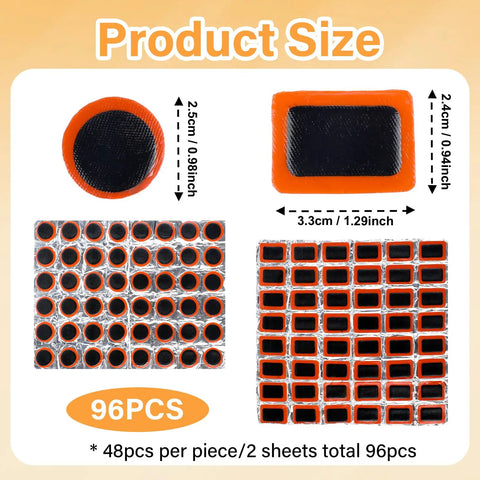 96 Pcs Bike Tire Patches Not Self Adhesive Rubber Patch For All Inner Tubes Outdoor Cycling Road Emergency Repair Kit size chart