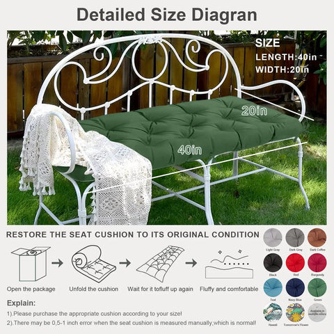 Waterproof Tufted Outdoor Chair Cushions, Thick Navy Blue Bench Cushion For Patio Furniture on white metal garden bench