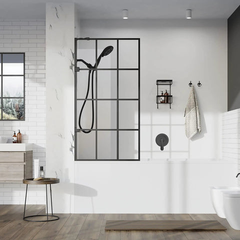 Modern bathroom with Matte Black Shower Faucet Set With Valve Included, 4.7 Inch Shower Head, and 6 Setting Handheld Sprayer.