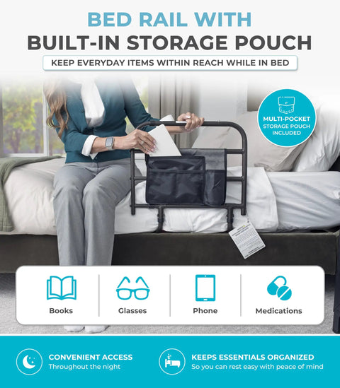 Killer Grip Premium Adjustable Bed Rail For Seniors Featuring No Fuss Setup And Smart Storage Pocket Astm Approved Fall Prevention Safety Guard Railing Black Assist Bar with built-in storage pouch.