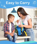 Woman placing 12 Pack Elkonin Boxes Phonemic Awareness Boards into backpack beside child in kitchen.