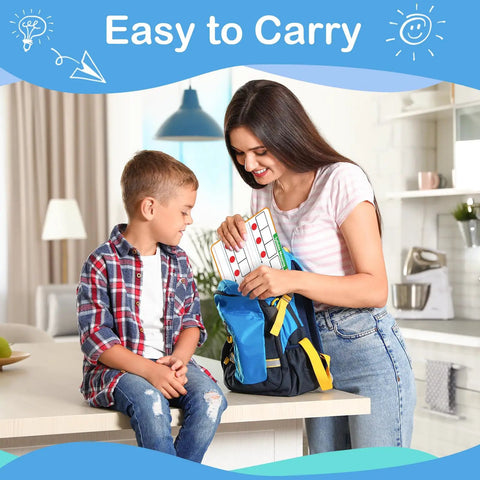 Woman placing 12 Pack Elkonin Boxes Phonemic Awareness Boards into backpack beside child in kitchen.
