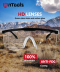 AnTools ANSI Z87+ safety glasses with clear lenses, black frame, anti-fog coating
