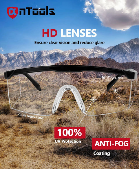 AnTools ANSI Z87+ safety glasses with clear lenses, black frame, anti-fog coating