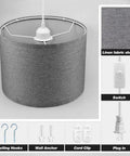 Plug In Pendant Light With 15 Ft Cord And Easy On Off Switch Gray Fabric Shade Hanging Light Fixture No Hardwiring Needed