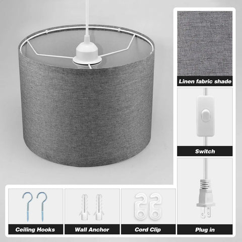 Plug In Pendant Light With 15 Ft Cord And Easy On Off Switch Gray Fabric Shade Hanging Light Fixture No Hardwiring Needed
