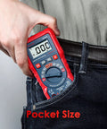 Handy Digital Multimeter M2K0R With Auto Ranging DC And AC Voltmeter shown pocket-sized in jeans for portability.