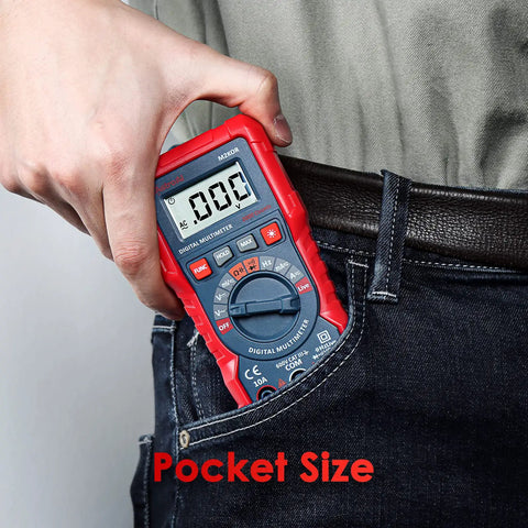 Handy Digital Multimeter M2K0R With Auto Ranging DC And AC Voltmeter shown pocket-sized in jeans for portability.