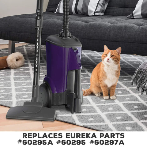Replacement Dust Bags For Eureka And Sanitaire Mighty Mite Canisters MM Style vacuum beside a cat on a carpeted floor