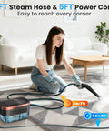 Powerful Portable Steam Cleaner With 15 Second Heat Up And 1250Ml Tank For Effortless Home Cleaning in use with 7ft steam hose and 5ft power cord.