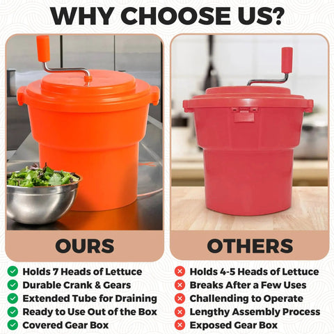 Heavy Hitter Commercial Salad Spinner With 5.5 Gallon 20 Quart Capacity shown with orange design and salad greens.