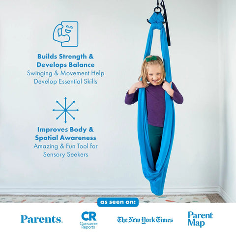 Child in Sensory Swing For Kids And Adults That Feels Like A Big Hug, Indoor And Outdoor Safe, Holds Up To 300Lbs, Soft Stretch Nylon Fabric
