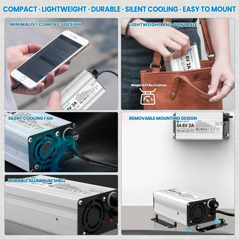 54.6V 2A Charger For 48V Lithium Ion Battery Ebike Electric Bike Electric Scooter Hoverboard Replacement With 6 Connectors, Safe Smart Charging, Aluminum Housing, Quiet Cooling Fan, High Quality Components