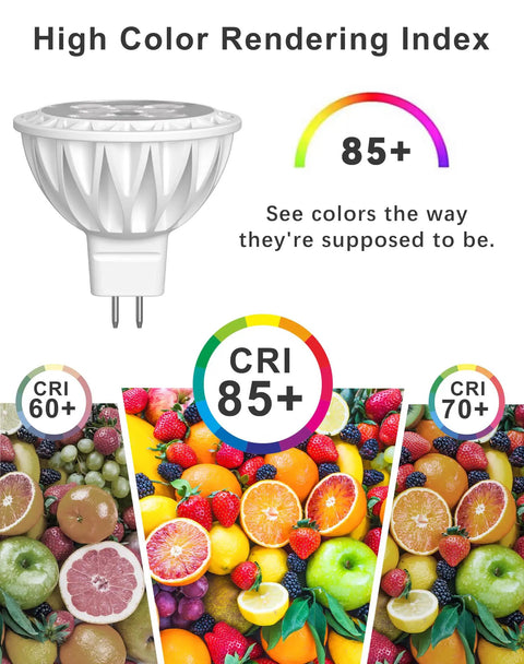 MR16 LED Light Bulbs 12 Pack, 50W Equivalent, 2700K, CRI 85+ color rendering comparison with fruits.