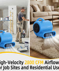 Industrial Air Mover Fan For Water Damage Restoration And Carpet Drying, 1/2 HP, 2800 CFM, Heavy Duty Floor Dryer in use indoors