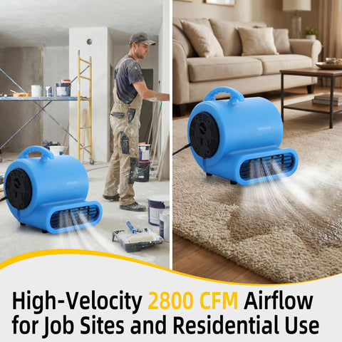 Industrial Air Mover Fan For Water Damage Restoration And Carpet Drying, 1/2 HP, 2800 CFM, Heavy Duty Floor Dryer in use indoors