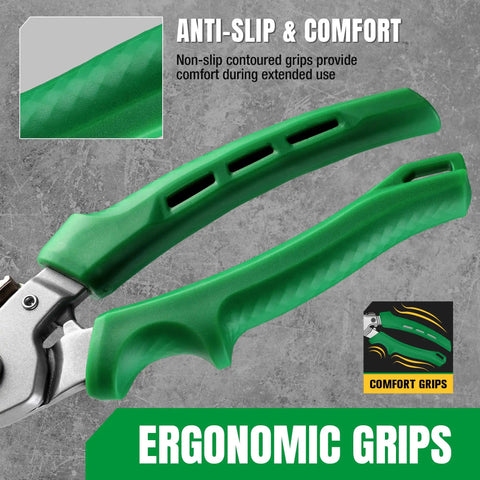 8 Inch Heavy Duty Scissors Industrial Shears With CRV Steel One Piece Construction And Induction Hardened Blades For Long Lasting Sharp Cutting Through Tough Materials All Purpose Utility Tool, green ergonomic grips close-up