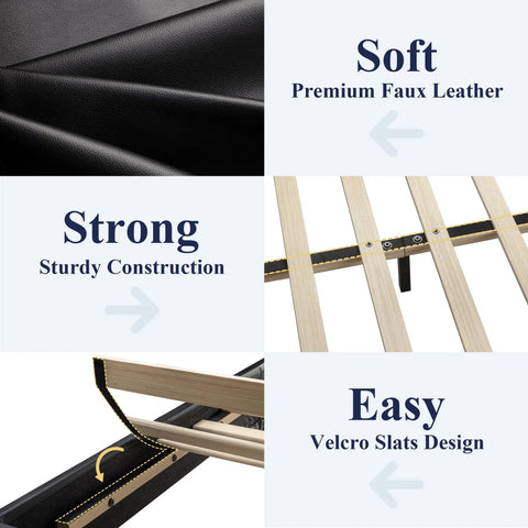 Queen Size Faux Leather Bed Frame With Adjustable Headboard In Sleek Black showcasing premium faux leather, sturdy construction, and easy Velcro slats design.
