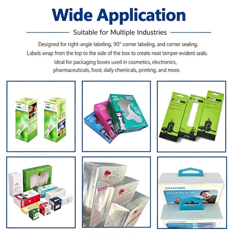 Wide application showcasing various packaging boxes for cosmetics, electronics, and food using the Super Fast 90 Degree Right Angle Labeling Machine With Touch Screen Display For Wrapping Boxes At Corners Prevents Tampering And Wrinkles Achieve Quick Sealing Up To Ninety Pieces Per Minute Effortlessly Apply Labels On Edges Without Bubbles Or Mess.