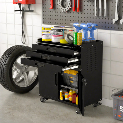 Heavy Duty Metal Rolling Tool Cabinet With Pegboard And 10 Hooks, black tool chest open with tools and supplies in garage