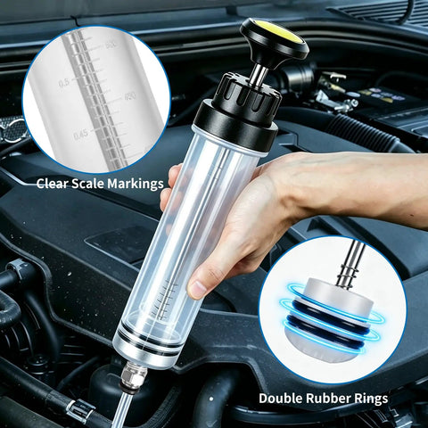 Heavy Duty 500cc Fluid Extractor Pump With Strong Suction And Leak Proof Seal For Easy Engine Oil And Transmission Fluid Removal In Your Garage, showing clear scale markings.